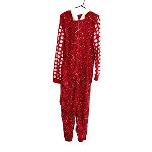 Adult Christmas Candy Cane Hooded Onesie Pajamas Red White Fleece Sz XL